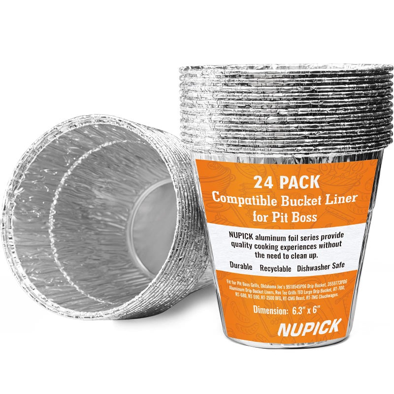 NUPICK 24 Pack Grease Bucket Liner Compatible for Pit Boss Grills 67292 Foil  Oklahoma Joe's 9518545P06  Z Grill Bucket  Recteq Large Bucket  etc. 6.3  x 6.0   Disposable Aluminum - Image 1